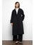 Punto Dikiş Detaylı Arkası Plikaşeli Ara Boy Kaşmir Kaban Siyah 3113 4