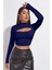 Kadın Lacivert Göğüs Dekolteli Uzun Kollu Cut Out Crop Top Bluz 1