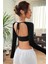 Kadın Siyah Uzun Kol Göğüs ve Sırt Dekolteli Crop Top Bluz 2