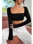 Kadın Siyah Uzun Kol Göğüs ve Sırt Dekolteli Crop Top Bluz 3