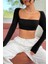 Kadın Siyah Uzun Kol Göğüs ve Sırt Dekolteli Crop Top Bluz 6