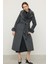 Ceket Yaka Yakası ve Kolları Çıkabilen Kürklü Uzun Kaban Koyu Gri 3088 3