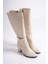 Kadın Paris Krem Tokalı Detaylı Yandan Fermuarlı Diz Altı Cizme 410 4