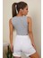 Kadın Gri Kare Yaka Crop Top Bluz 2