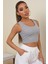 Kadın Gri Kare Yaka Crop Top Bluz 4