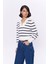Yakası Fermuarlı Çizgili Triko Kazak Lacivert 4