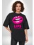 Lips Ruj Pembe Dudak Sınırsız Düşün Grafik Baskılı Pamuklu Penye Kadın Erkek Siyah Tişört 5