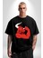 Kırmızı Boğa Maskotu Grafik Baskılı Pamuklu Penye Kadın Erkek Siyah Tişört 1