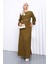 Haki Beli Kemerli Fırfır Detaylı Gofre Elbise 2