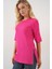 Kadın BDART Dokulu Uzun Kol Yaka Tişört Parlak Pembe 9
