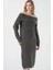 Kadın BDART Büyük Beden Ribanalı Örme Midi Elbise Madonna Yaka Kömür Grisi 8