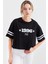 Kadın BDART Oversize Yuvarlak Yaka Kısa Tişört, Motto Baskılı Siyah 5