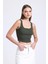 Kadın Kare Yaka Fitilli Düğmeli Askılı Tank Top Haki Yeşil 6