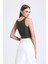 Kadın Kare Yaka Fitilli Düğmeli Askılı Tank Top Haki Yeşil 7