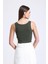 Kadın Kare Yaka Fitilli Düğmeli Askılı Tank Top Haki Yeşil 8