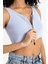 Kadın V Yaka Fitilli Örme Fermuarlı Crop Top Blue 8