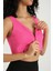 Kadın Yaka Detaylı Fermuarlı Fitilli Örme Crop Top Pembe 10