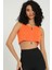 Kadın V Yaka Örme Nervürlü Fermuarlı Crop Top Turuncu 7