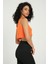 Kadın V Yaka Örme Nervürlü Fermuarlı Crop Top Turuncu 8