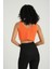 Kadın V Yaka Örme Nervürlü Fermuarlı Crop Top Turuncu 9