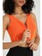 Kadın V Yaka Örme Nervürlü Fermuarlı Crop Top Turuncu 10