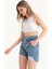 Kadın Düğme Detaylı Yüksek Bel Çift Katlı Jean Şort Denim 7