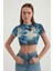 Kadın Soyut Tül Crop Top Maya Mavisi 7