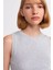 Kadın Örme Bisiklet Yaka Crop Top Açık Gri 8