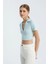 Kadın V Yakalı Polo Crop Top Mavi 5