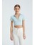 Kadın V Yakalı Polo Crop Top Mavi 7
