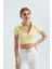 Kadın V Yakalı Polo Crop Top Yellow 8