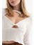 Kadın Tekne Yaka Ruched Göğüs Detaylı Kesikli Uzun Kol Bluz White 1