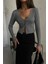 Kadın Düz V Yaka Crop Hırka Grey 8