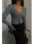 Kadın Düz V Yaka Crop Hırka Grey 9