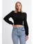 Kadın Yuvarlak Yaka Detaylı Uzun Kollu Kırpılmış Üst Siyah 8