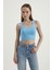 Kadın Kare Yaka Kolsuz Temel Dokuma Crop Top Blue 6