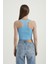 Kadın Kare Yaka Kolsuz Temel Dokuma Crop Top Blue 1