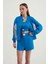 Kadın Renk Bloklu Yüksek Boyunlu Düğmeli Sweatshirt Blue 7