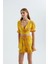 Kadın Çiçekli Surplice Yaka Kısa Kollu Crop Top Sarı 7