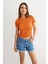 Kadın Dokuma Kumaşlı Yuvarlak Yaka Kısa Kollu Kırpılmış Üst Orange 6