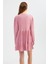 Kadın Elbise: Büzgülü Yuvarlak Yakalı Bağcıklı Katlı Uzun Kollu Mini Elbise Pink 10