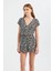 Kadın Zebra Desenli V Yaka Playsuit Siyah 7