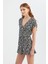 Kadın Zebra Desenli V Yaka Playsuit Siyah 9