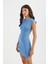 Kadın Arka Kesik Detaylı Bisiklet Yaka Kısa Kollu Mini Beden Oturan Elbise Mavi 11