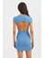 Kadın Arka Kesik Detaylı Bisiklet Yaka Kısa Kollu Mini Beden Oturan Elbise Mavi 14