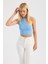 Kadın Bust Kesikli Bisiklet Yaka Örme Crop Top Blue 6