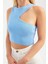 Kadın Bust Kesikli Bisiklet Yaka Örme Crop Top Blue 9