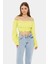 Kadın Omuzdan Askılı, Uzun Kollu ve Pilili Detaylı Keten Kısa Üst Sarı 6