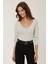 Kadın Dar Fit V Yaka Uzun Kollu Bluz Grey 6
