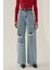 Kadın Yırtık Yüksek Bel Geniş Paça Denim Jeans Maya Mavisi 7